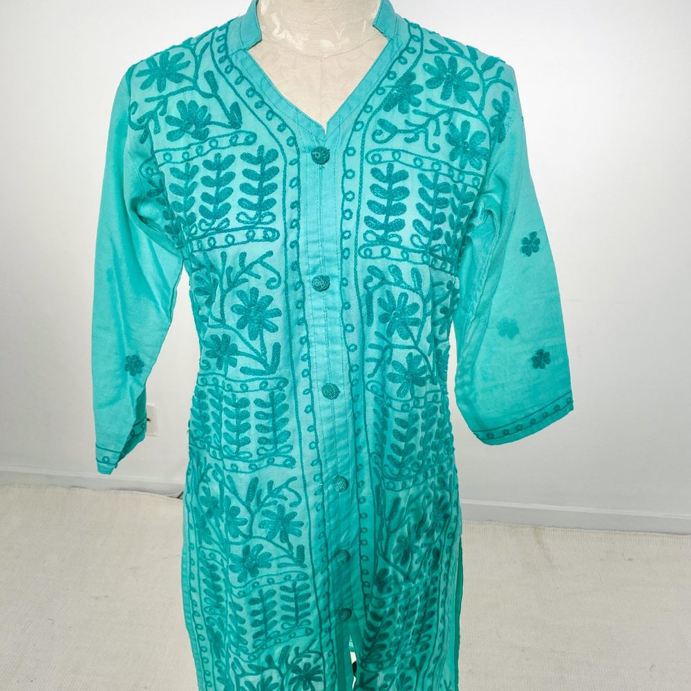 Vintage 70s S Boho Embroidered Tunic Dress Green - Picture 10 of 13